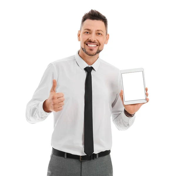 Handsome Businessman Tablet Computer White Background — Stock Photo, Image