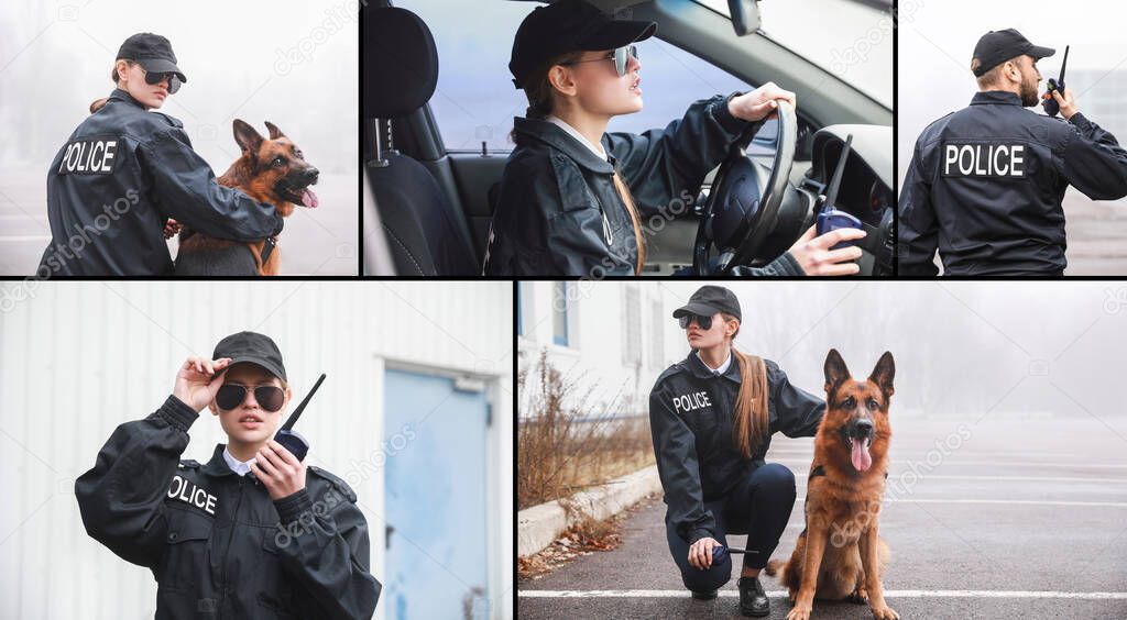 Collage of photos with police officers patrolling city street