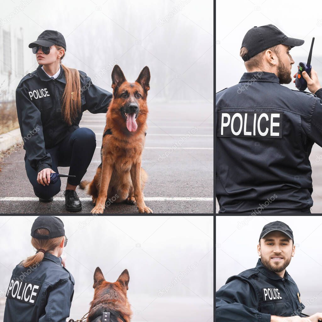 Collage of photos with police officers patrolling city street