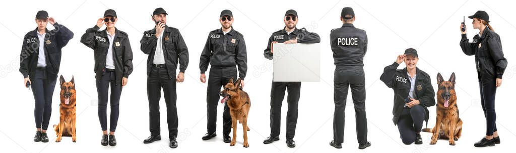 Set with police officers on white background