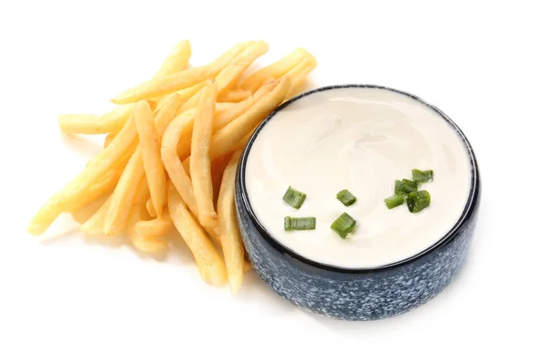 Bowl Tasty Sour Cream French Fries White Background — Stock Photo, Image