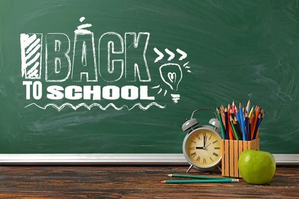 Stationery Apple Clock Table Blackboard Phrase Back School — Stock Photo, Image