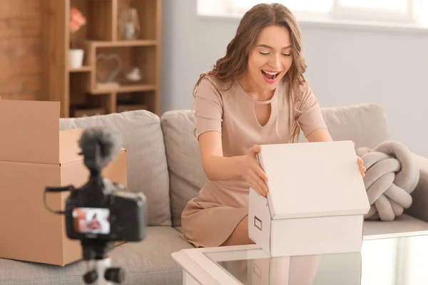 Young Female Blogger Recording Video While Unpacking Parcel Home — Stock Photo, Image