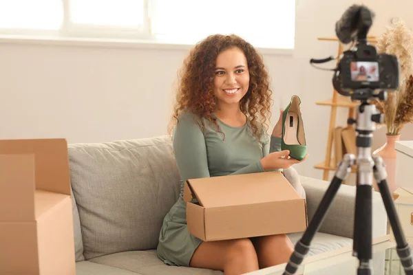 Young Female Blogger Recording Video While Unpacking Parcel Home — Stock Photo, Image