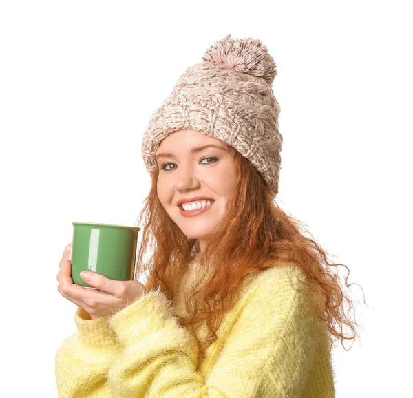 Beautiful Young Woman Cup Hot Cocoa White Background — Stock Photo, Image