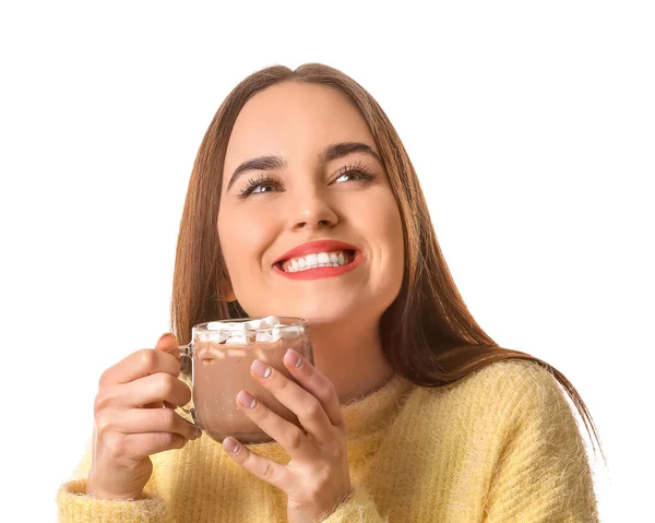 Mooie Jonge Vrouw Met Kopje Warme Cacao Witte Achtergrond — Stockfoto