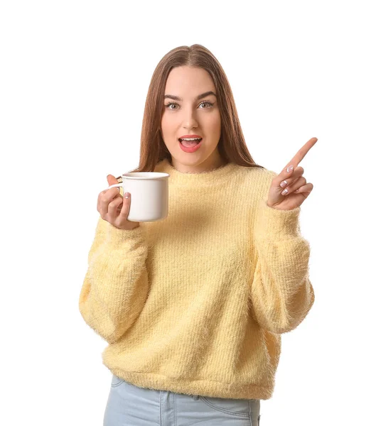 Beautiful Young Woman Cup Hot Cocoa Pointing Something White Background — Stock Photo, Image