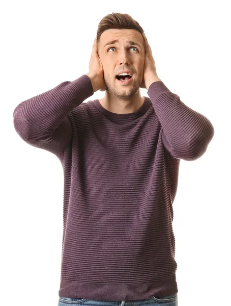 Young Man Suffering Loud Noise White Background — Stock Photo, Image