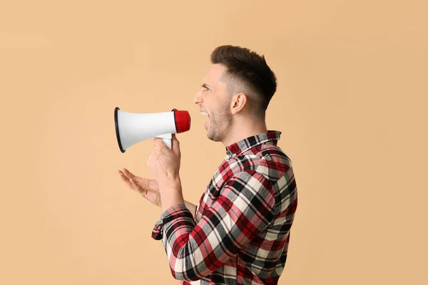 Emotional Young Man Megaphone Color Background — Stock Photo, Image