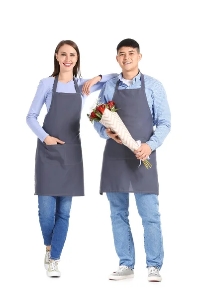 Retrato Floristas Con Ramo Sobre Fondo Blanco — Foto de Stock