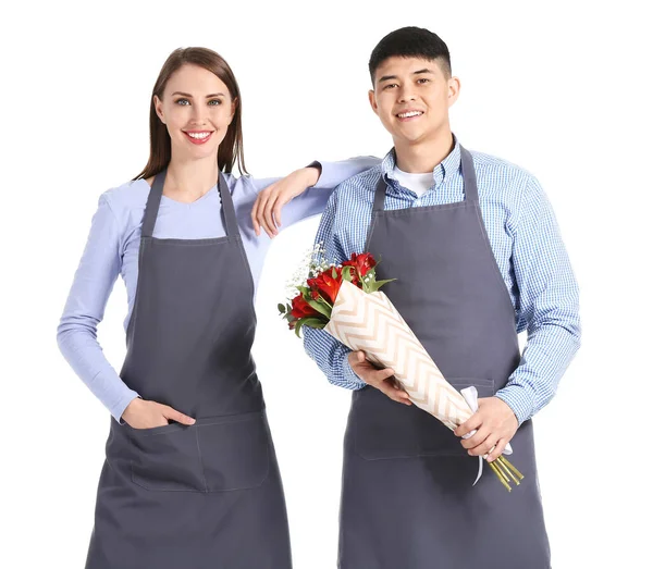 Retrato Floristas Con Ramo Sobre Fondo Blanco — Foto de Stock