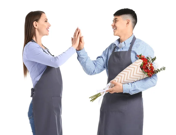 Portrait Florists Bouquet Giving High Five Each Other White Background — Stock Photo, Image