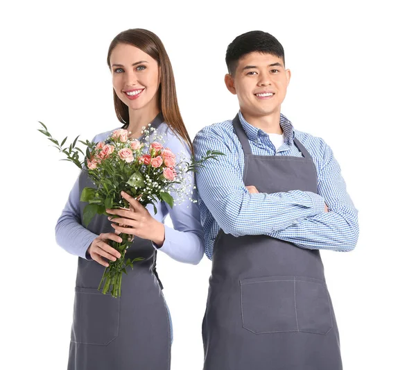 Retrato Floristas Com Buquê Sobre Fundo Branco — Fotografia de Stock