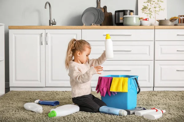 Little Girl Playing Cleaning Supplies Home Royalty Free Stock Images