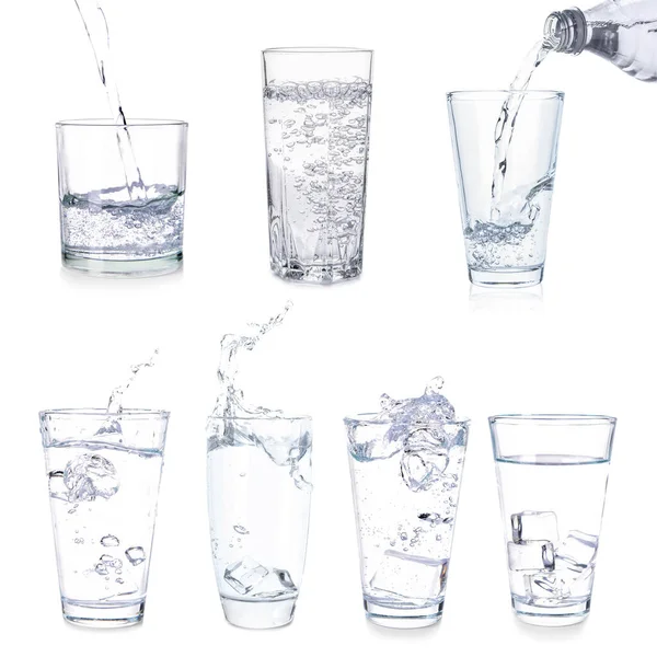 Collage Mit Gläsern Süßwasser Auf Weißem Hintergrund — Stockfoto