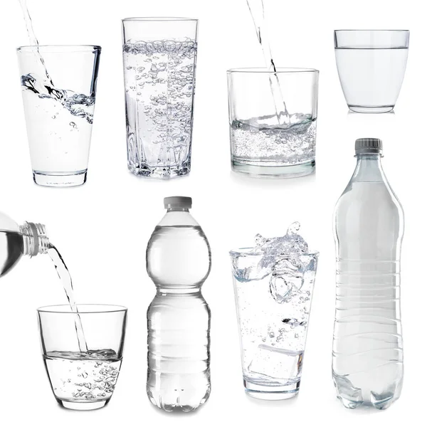 Collage Met Vers Water Glazen Flessen Witte Achtergrond — Stockfoto