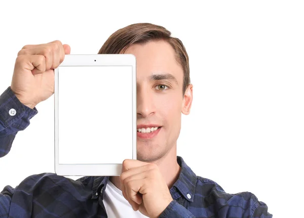 Young Man Tablet Computer White Background — Stock Photo, Image