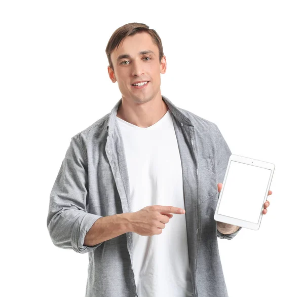 Young Man Tablet Computer White Background — Stock Photo, Image