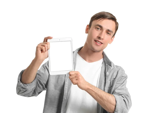 Hombre Joven Con Tableta Sobre Fondo Blanco —  Fotos de Stock