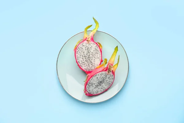 Tasty Dragon Fruit Plate Color Background — Stock Photo, Image