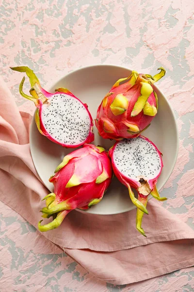 Plate Tasty Dragon Fruit Color Background — Stock Photo, Image