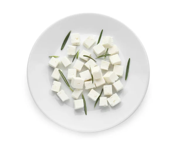 Plate Tasty Cut Feta Cheese White Background — Stock Photo, Image