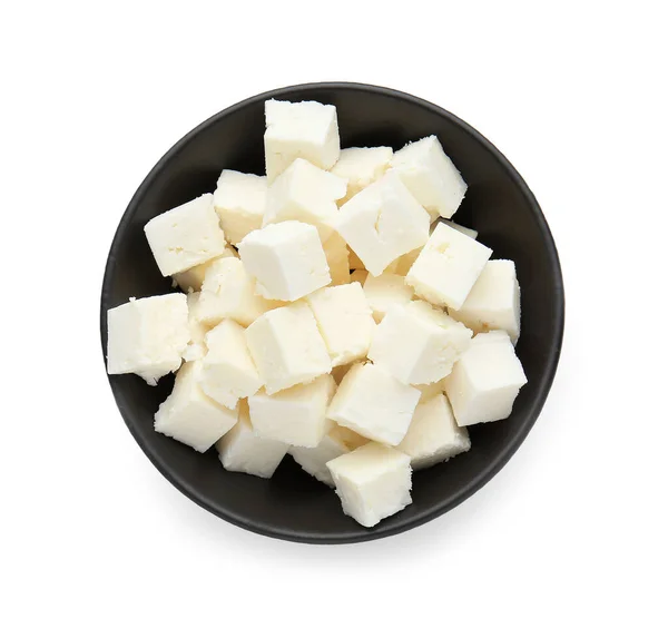 Bowl Tasty Cut Feta Cheese White Background — Stock Photo, Image