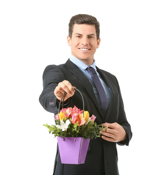 Bonito Homem Com Buquê Flores Fundo Branco — Fotografia de Stock