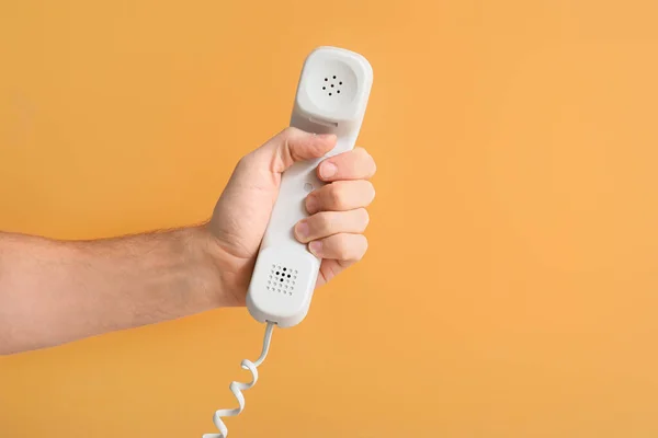 Mano Maschile Con Telefono Cordato Sfondo Colori — Foto Stock