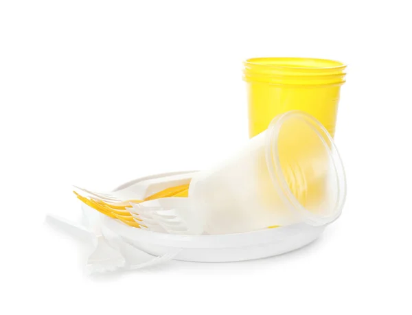 Набор Пластиковой Посуды Белом Фоне — стоковое фото