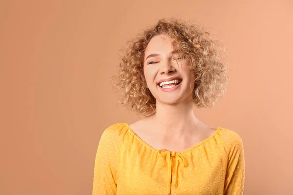 Young Woman Beautiful Short Curly Hair Color Background — Stock Photo, Image