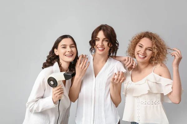 Young Women Beautiful Short Hair Blow Dryer Grey Background — Stock Photo, Image