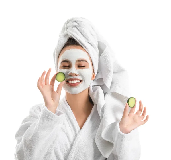 Beautiful Young African American Woman Cucumber Slices Facial Mask White — Stock Photo, Image