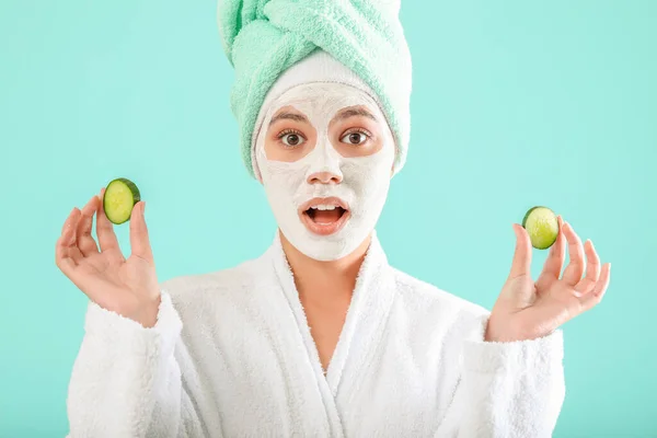 Beautiful Young African American Woman Cucumber Slices Facial Mask Color — Stock Photo, Image