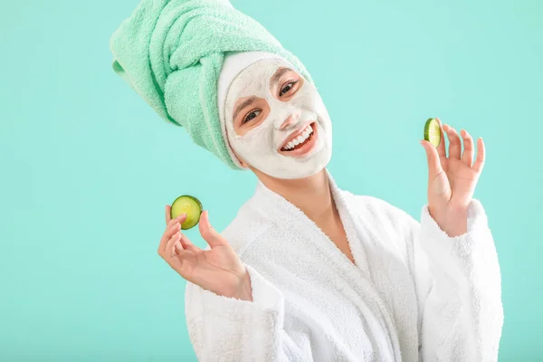 Beautiful Young African American Woman Cucumber Slices Facial Mask Color — Stock Photo, Image