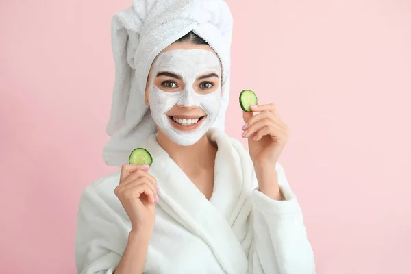 Beautiful Young Woman Cucumber Slices Facial Mask Color Background — Stock Photo, Image