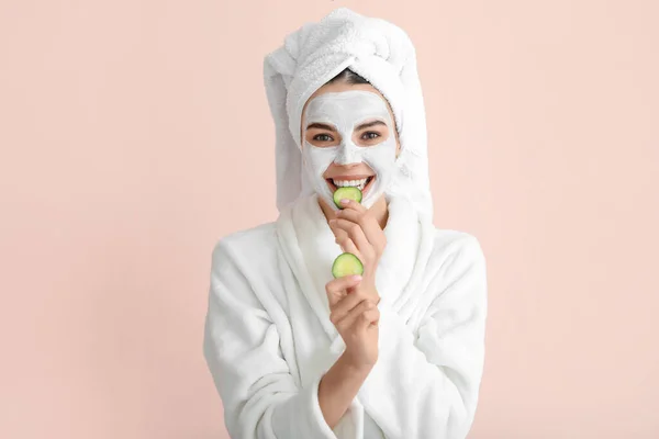Beautiful Young Woman Cucumber Slices Facial Mask Color Background — Stock Photo, Image
