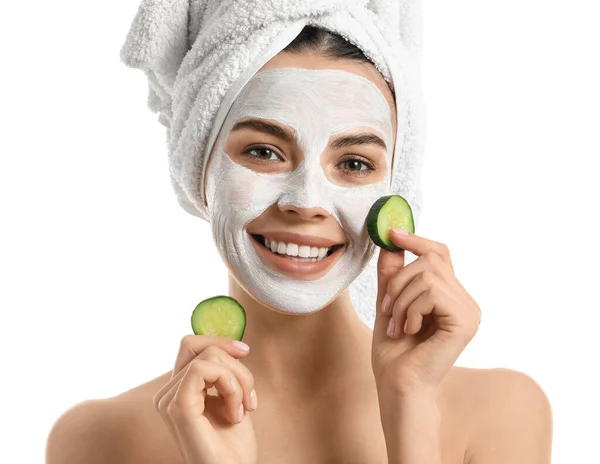 Beautiful Young Woman Cucumber Slices Facial Mask White Background — Stock Photo, Image