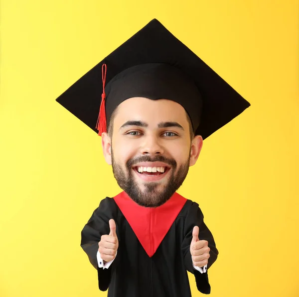 Joven Soltero Con Cabeza Grande Mostrando Pulgar Hacia Arriba Fondo — Foto de Stock