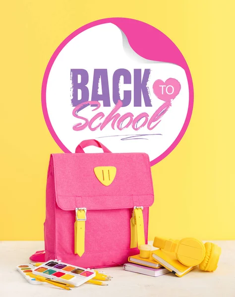 Backpack Stationery Table Color Wall Phrase Back School — Stock Photo, Image