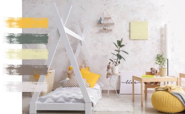 Rahat yataklı, modern çocuk odası. Farklı renk desenleri