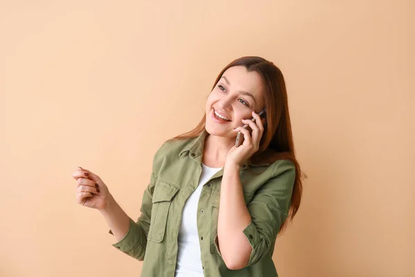 Portrait Beautiful Woman Talking Phone Color Background — Stock Photo, Image