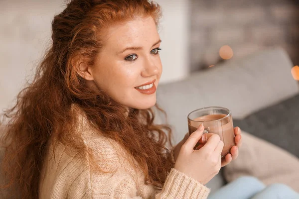 Beautiful Young Woman Drinking Hot Cocoa Home — Stock Photo, Image