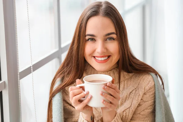 Beautiful Young Woman Drinking Hot Cocoa Window Home — Stock Photo, Image