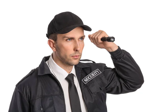 Guardia Seguridad Masculino Con Linterna Sobre Fondo Blanco — Foto de Stock