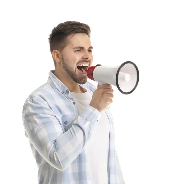 Young Man Megaphone White Background — Stock Photo, Image