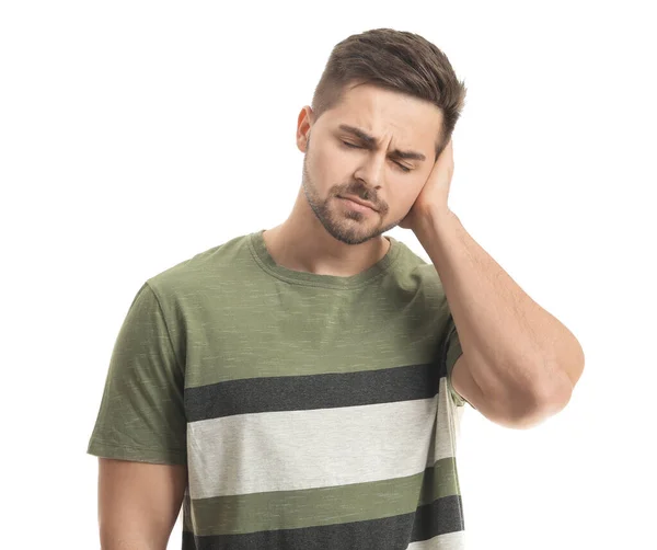 Young Man Suffering Loud Noise White Background — Stock Photo, Image