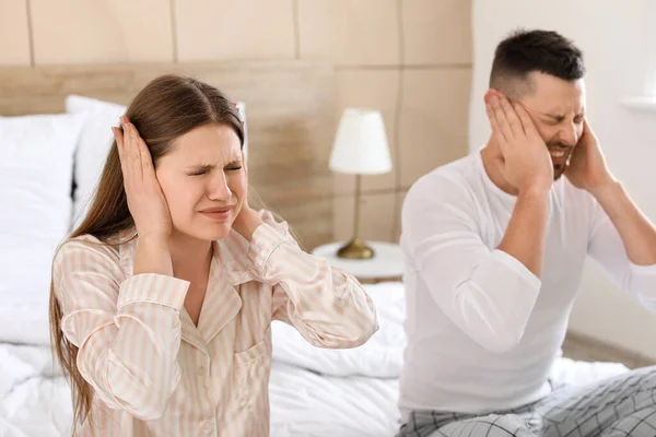 Young Couple Cannot Sleep Because Rowdy Neighbours — Stock Photo, Image