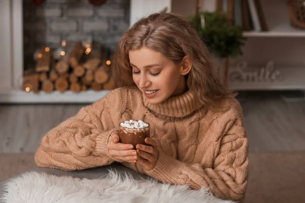 Beautiful Young Woman Drinking Hot Chocolate Home — Stock Photo, Image