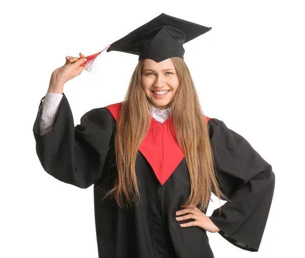 Femme Diplômée Sur Fond Blanc — Photo